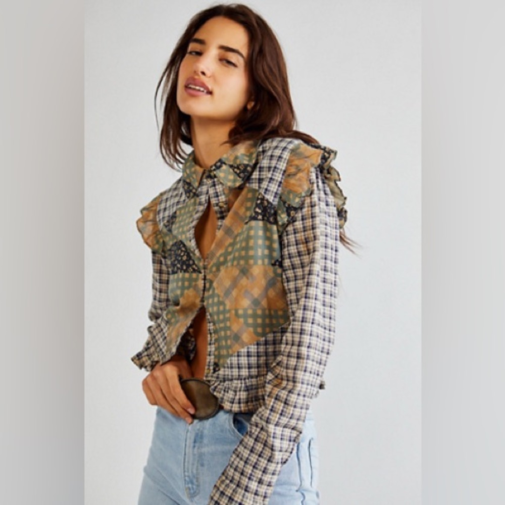 Free People Ella Patchwork Top Button Down Ruffle Detail